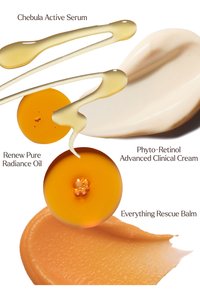 Vier Hautpflegeprodukte angezeigt: ein goldenes Serum, ein bernsteinfarbenes Öl mit Blasen, eine cremige weiße Lotion und ein pfirsichfarbener Balsam, alles auf einem weißen Hintergrund.