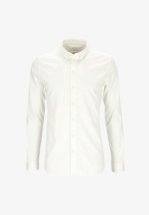 Camisa blanca de manga larga hecha de algodón, con cuello camisero, cierre frontal de botones y puños abotonados. Textura suave, sin patrones.
