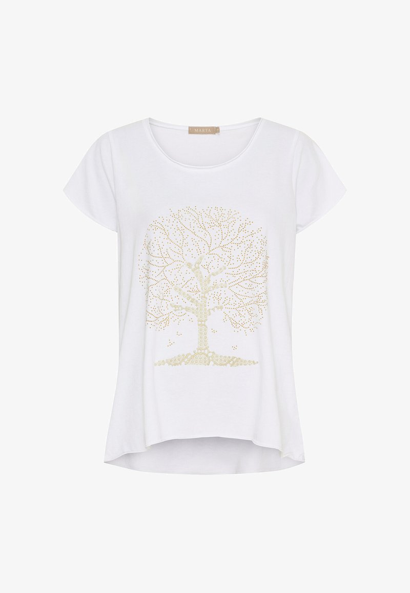 Hvid kortærmet t-shirt med et guldtrædesign, der har intrikate grene og blade, rund halsudskæring og let buet kant.