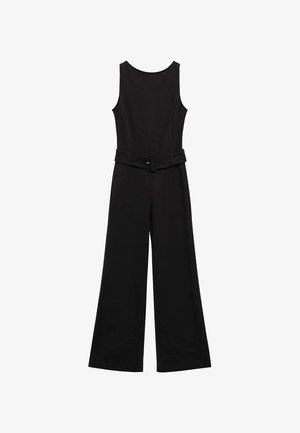Zwarte mouwloze jumpsuit met een aansluitende taille, wijde broekspijpen en een riem in de taille. Gladde, geweven stof zonder zichtbare patronen.