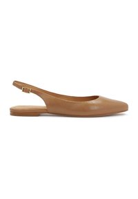 Braune Leder-Slingback-Ballerina mit runder Zehenpartie, minimalistischem Design und einem kleinen goldenen Schnallen-Detail am Knöchelriemen.