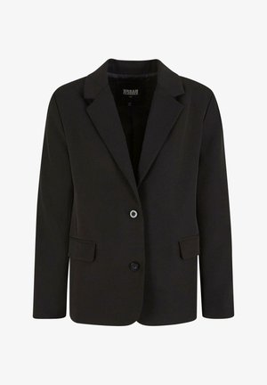 Svart blazer i slätt tyg, med notchkrage, två framfickor och tvåknappsstängning. Skräddarsydd design, strukturerad form.