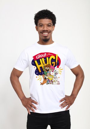 White cotton t-shirt featuring a colorful cartoon design with the text "GROUP HUG!" and various animated characters in a playful arrangement.