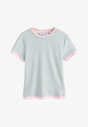 Lühikeste varrukatega helehall T-särk, millel on roosad äärised varrukatel, krael ja äärel, valmistatud pehmest kangast, silt "Next".