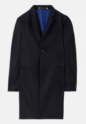 Navyblauer Wollmantel mit einem einreihigen Knopfverschluss, mit spitzen Revers und zwei seitlichen Taschen. Verfügt über ein blaues Innenfutter und minimalistische Nähdetails.
