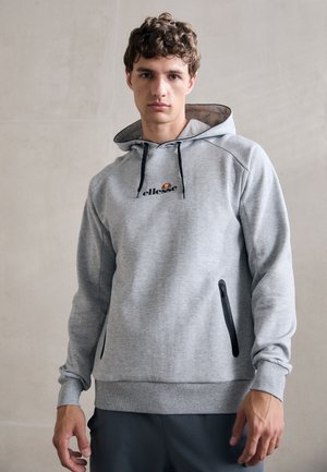 Grey hoodie in soft fabric with a zippered pocket, drawstring hood, and ribbed cuffs. Features embroidered logo on the chest.