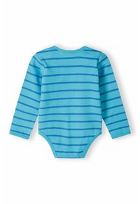Dugih rukava bodysuit od svijetloplave tkanine s tamnoplavim horizontalnim prugama. Ima okrugli izrez i kopčanje na dnu.