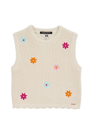Kremfarvet strikket ærmeløs sweater med farverige broderede blomster i blå, orange, pink og magenta spredt over forsiden.