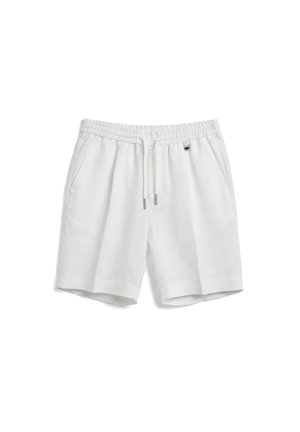 White elastic waist shorts with drawstring, side pockets, and a small metal logo on the upper right front.