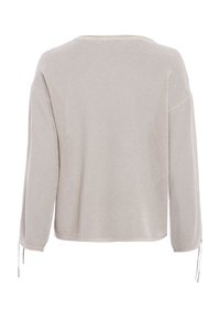 Light gray knitted sweater with a loose fit. Features a round neckline and long sleeves with adjustable ties at the cuffs. Textured pattern throughout.