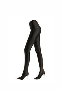 Schwarze, undurchsichtige Strumpfhosen mit glatter, glänzender Oberfläche. Figurbetontes Design mit hohem Bund und nahtloser Verarbeitung. Stöckelschuhe sichtbar.