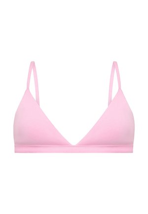 Bralette triangular de color rosa claro con tirantes finos ajustables y una banda elástica simple en la parte inferior.