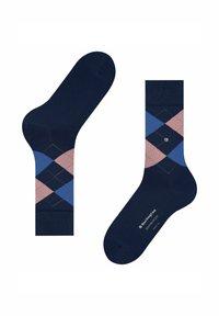 Granatowe skarpetki z wzorem argyle w kolorach różowym, jasnoniebieskim i ciemnoniebieskim. Posiadają jednolitą granatową górę i logo Burlington na podeszwie. Wykonane z mieszanki bawełny.