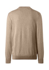 Beżowy sweter z długim rękawem z dzianiny, z prążkowanymi mankietami i dolnym wykończeniem, pokazany od tyłu na białym tle.