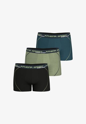 Trois boxers pour hommes en noir, vert olive et bleu sarcelle foncé avec des ceintures de taille marquées "ATHENA SPORT" sur fond blanc.
