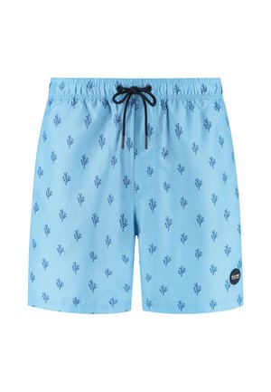Lichtblauwe zwembroek met een verstelbare tailleband, opgefleurd met een herhalend koraalpatroon in donkerder blauw, en een merklogo aan de onderzijde.