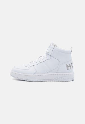 White high-top sneaker with lace-up front and pull tab, featuring embossed branding on sole and heel against a plain light background.