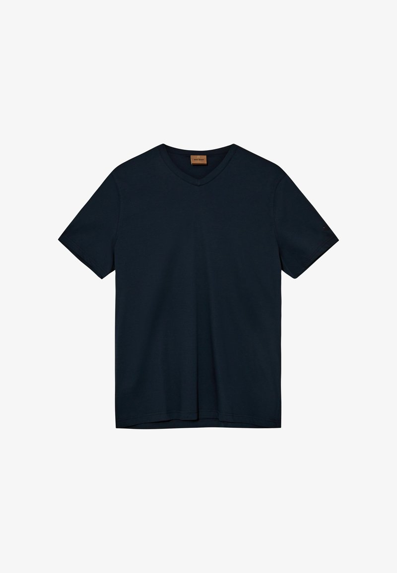 Navy zils kokvilnas T-krekls ar V veida kakla izgriezumu un īsām piedurknēm, ar tīrām līnijām un gludu tekstūru bez redzamām rakstiem vai akcentiem.