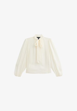 Långärmad, elfenbensfärgad blus i lätt material, med hög krage och slipsdetalj, samlade ärmar och avslappnad passform.