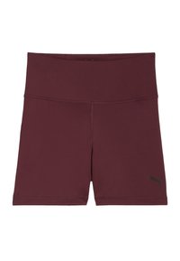 Maroon athletic shorts with a wide waistband, made of stretchy material. Features a black logo on the bottom left side. Smooth texture.