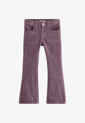 Lila Corduroy Schlaghosen verfügen über vier Taschen, einen vorderen Knopf und ein strukturiertes Gewebe. Der Bund ist glatt und hat einen leichten Stretch.