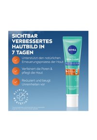 NIVEA Derma Skin Clear night peeling serum in a turquoise tube with white accents. Features text and a clinical confirmation symbol.