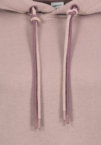 Light pink hoodie with a textured finish, featuring contrasting braided drawstrings in light and dark purple, and plastic aglets.