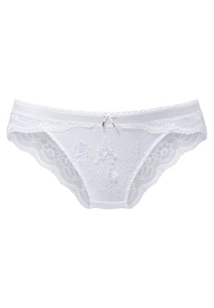 White lace women's bikini underwear with floral embroidery and a small bow at the center waistband.