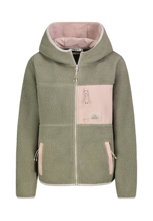 Fleecegefütterte Jacke in Olivgrün mit einer hellrosa Brusttasche und unteren Taschen, ausgestattet mit Kapuze und Reißverschluss. Strukturierter Stoff.