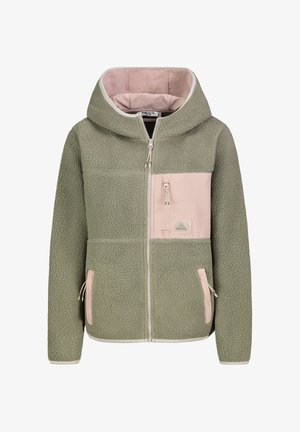 Fleecegefütterte Jacke in Olivgrün mit einer hellrosa Brusttasche und unteren Taschen, ausgestattet mit Kapuze und Reißverschluss. Strukturierter Stoff.