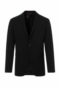 Schwarzer Blazer aus glattem Stoff, mit Reverskragen, Ein-Knopf-Verschluss und zwei vorderen Taschen. Klassisches, tailliertes Design.