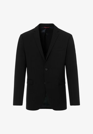 Zwarte blazer van gladde stof, met een geknipt revers, één knoopsluiting en twee voorkezen. Klassiek op maat gemaakt ontwerp.