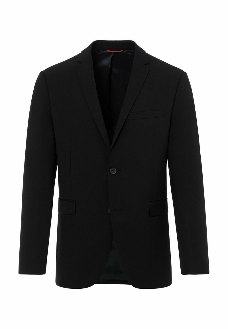Schwarzer Blazer aus glattem Stoff, mit Reverskragen, Ein-Knopf-Verschluss und zwei vorderen Taschen. Klassisches, tailliertes Design.