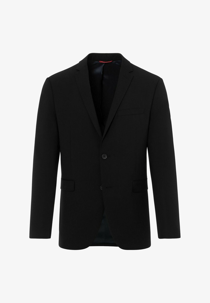 Schwarzer Blazer aus glattem Stoff, mit Reverskragen, Ein-Knopf-Verschluss und zwei vorderen Taschen. Klassisches, tailliertes Design.