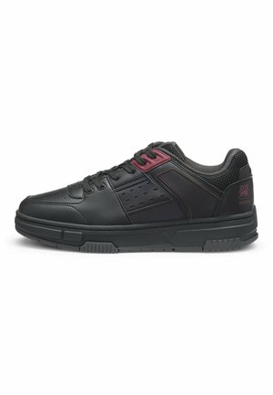 Black leather sneaker with mesh accents, featuring a rounded toe, textured surface, lace-up design, and maroon hardware details.