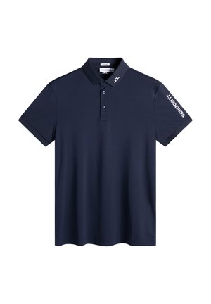 Polo slim fit blu navy con maniche corte, abbottonatura frontale, logo J.Lindeberg firmato sul collo e sulla manica destra.