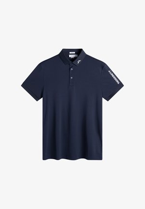 Polo slim fit blu navy con maniche corte, abbottonatura frontale, logo J.Lindeberg firmato sul collo e sulla manica destra.