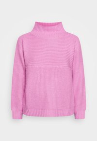 Rosa gestrickter Rollkragenpullover mit langen Ärmeln, der ein strukturiertes Muster sowie gerippte Bündchen und Kragen aufweist. Kürzere Körperlänge.