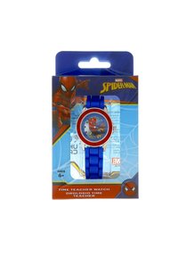 Orologio da insegnante Spider-Man con cinturino in gomma blu, bezel rosso e quadrante colorato con design di Spider-Man. Confezionato in una scatola appesa.