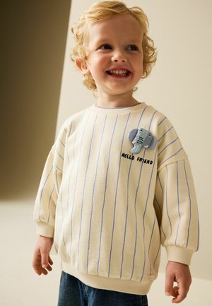 Lyse beige sweatshirt med blå striber, med en blød elefantapplikation og teksten "HELLO FRIEND". Ribstrikkede manchetter og kant.