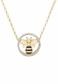 Collar de oro con un colgante circular que presenta un diseño de abeja negra y amarilla, rodeado de pequeños strass claros.