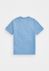 Kortärmad blå T-shirt i mjukt, lätt tyg, med klassisk rund halsringning och en slät, jämn yta utan dekorationer.