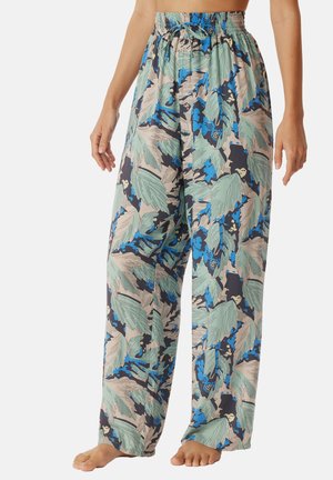 Geprinte wijde broek met een mix van groene, blauwe en beige bladdessins. Elastische tailleband met verstelbaar trekkoord. Lichtgewicht stof.