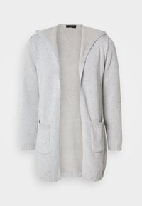 Cardigan gris clair en maille, ouverture devant, avec capuche, manches longues et deux poches plaquées à l’avant.