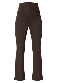 Braune dehnbare Yogahosen mit hohem Bund, ausgestellten Beinen und glatter Textur. Der Stoff ist für Komfort und Flexibilität entwickelt.