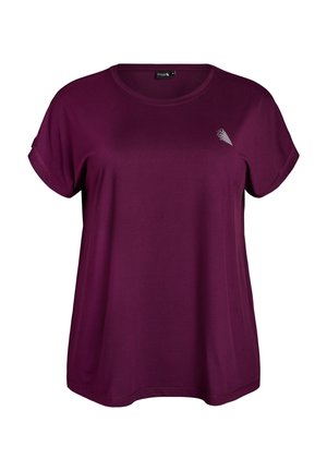 Camiseta deportiva morada de manga corta para mujer, con cuello redondo y pequeño logo geométrico blanco en el pecho izquierdo.