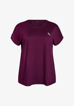 T-shirt de sport pour femmes à manches courtes, violet, avec col rond et petit logo géométrique blanc sur la poitrine gauche.