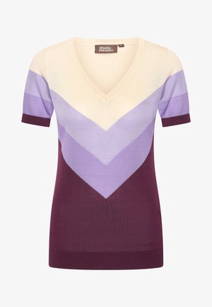 Beige kurzärmliger Pullover mit V-Ausschnitt im Zickzackmuster in helllila und dunkelviolett. Stricktextur, taillierte Form und gerippter Saum.