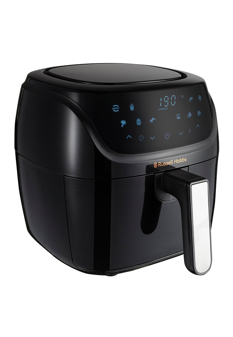 Friggitrice ad aria Russell Hobbs nera con pannello touchscreen digitale che mostra 190°C e icone di cottura, dotata di manico frontale.