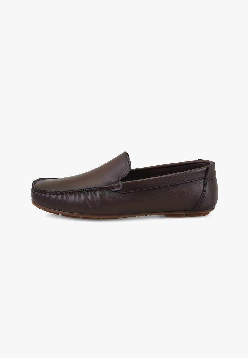 Braune Leder-Loafers mit glatter Oberfläche, runder Spitze und kontrastierenden Nähten. Weiches Obermaterial und flexibele Gummisohle für Komfort.